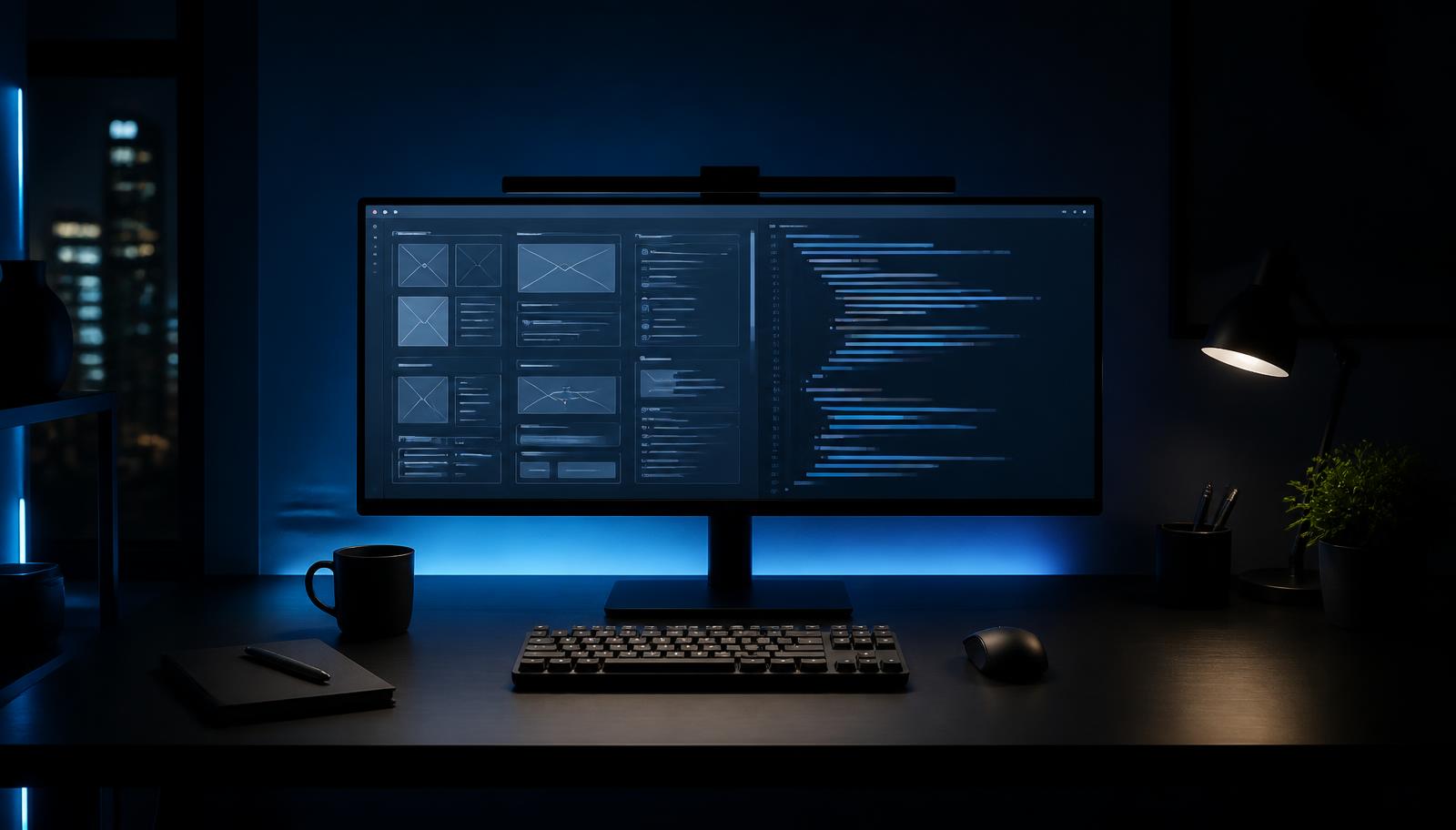 Dark developer workspace with a glowing interface on a monitor